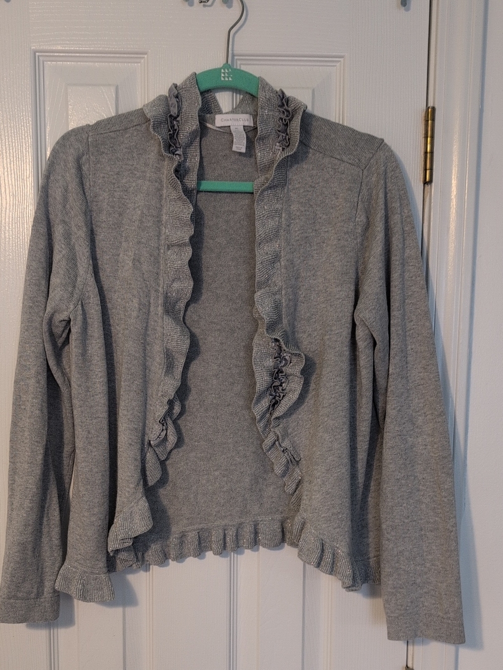 Charter Club Light Grey Ruffle-Trim Open Front Cardigan